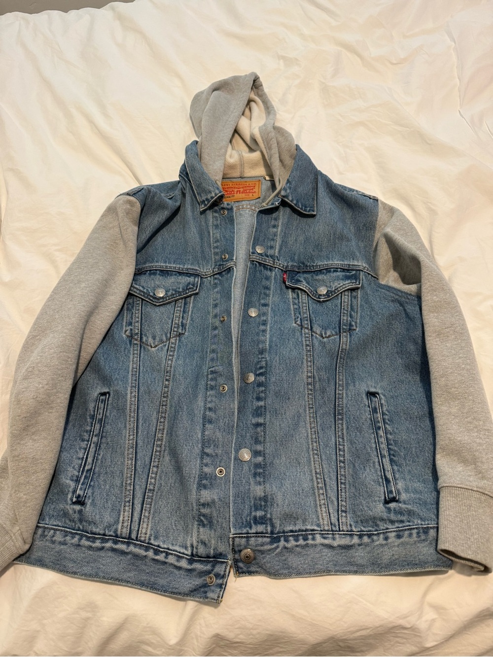 Levi's Blue Denim Jacket with Gray Hoodie Sleeves